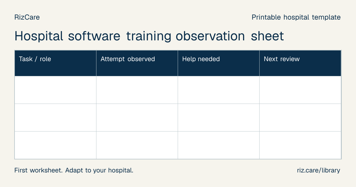 Blank worksheet: Hospital software training observation sheet