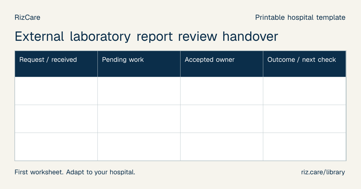 Blank worksheet: External laboratory report review handover