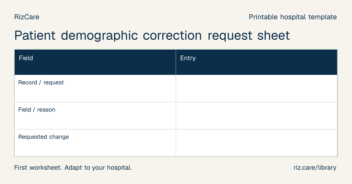Blank worksheet: Patient demographic correction request sheet