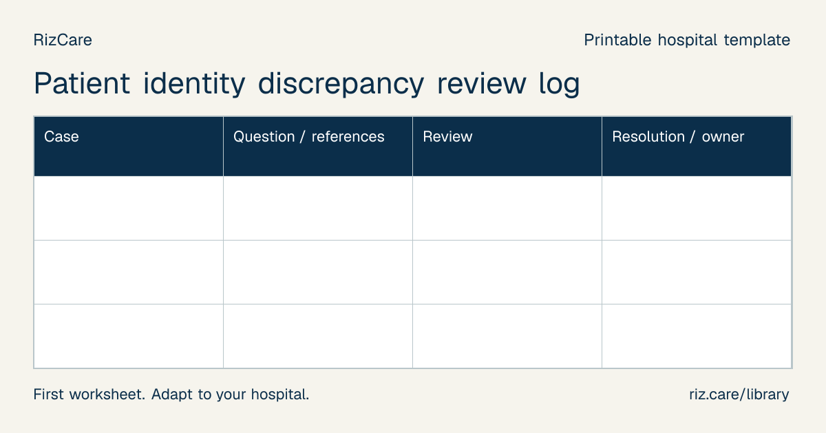 Blank worksheet: Patient identity discrepancy review log