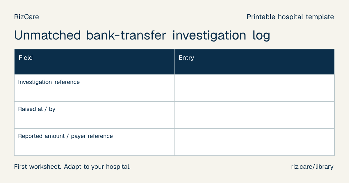 Blank worksheet: Unmatched bank-transfer investigation log